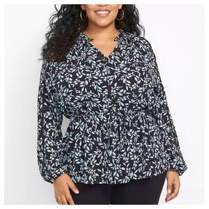 Lane Bryant Long Sleeve Ruffled Split Neck Button Blouse